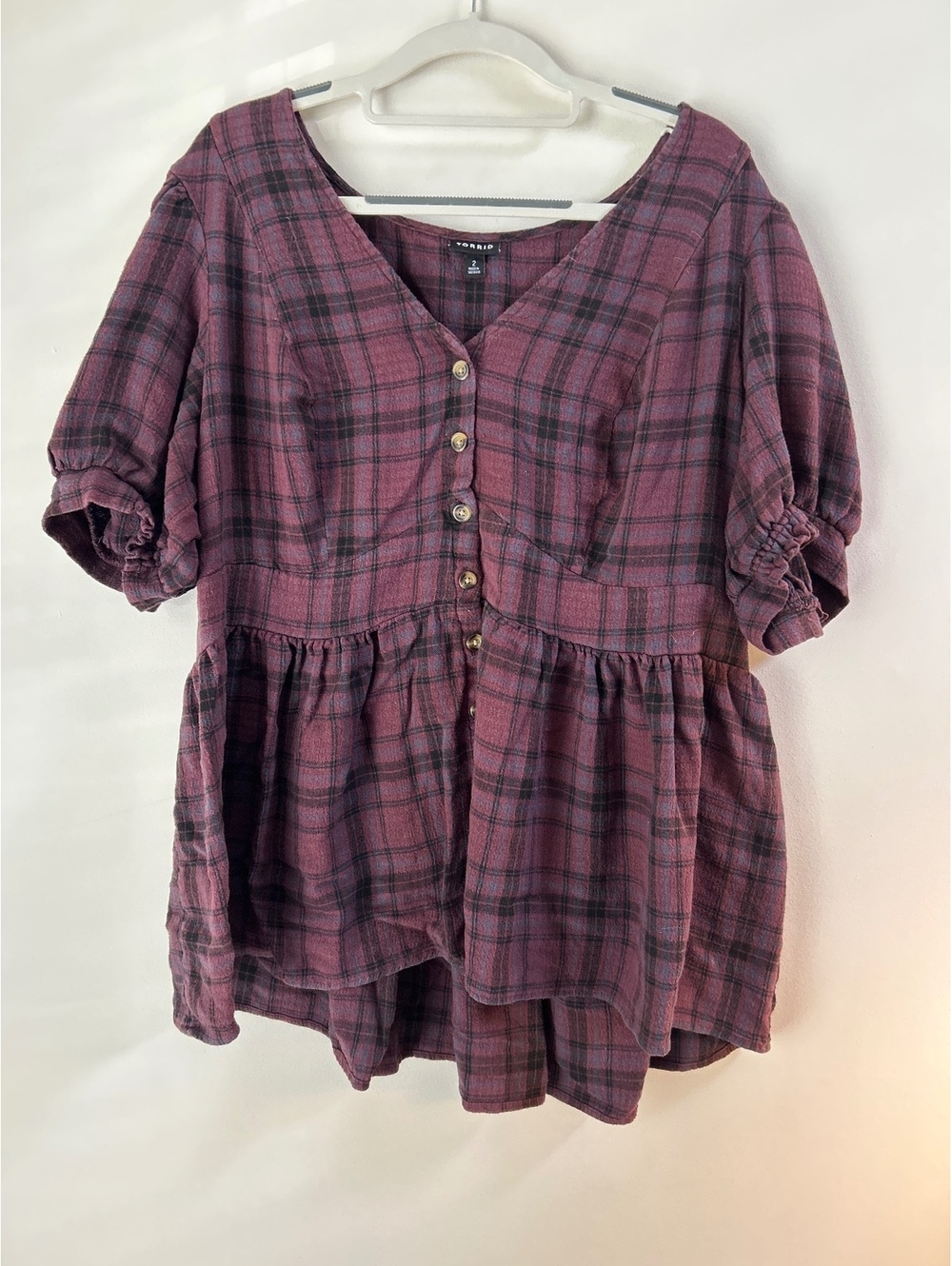 Torrid Size 2 Burgundy and Black Plaid Button-Front Peplum Top